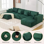 Canapé, grand canapé modulable en velours côtelé en forme de U 137 avec double méridienne, sans assemblage, assise profonde, vert pour le salon