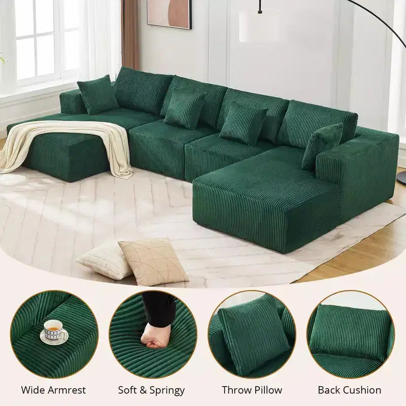 Canapé, grand canapé modulable en velours côtelé en forme de U 137 avec double méridienne, sans assemblage, assise profonde, vert pour le salon