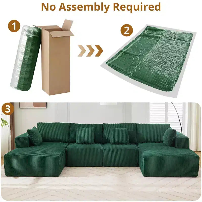 Canapé, grand canapé modulable en velours côtelé en forme de U 137 avec double méridienne, sans assemblage, assise profonde, vert pour le salon