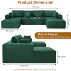 Canapé, grand canapé modulable en velours côtelé en forme de U 137 avec double méridienne, sans assemblage, assise profonde, vert pour le salon