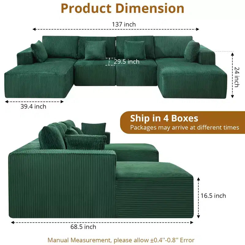 Canapé, grand canapé modulable en velours côtelé en forme de U 137 avec double méridienne, sans assemblage, assise profonde, vert pour le salon