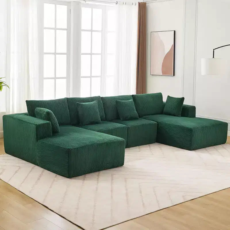 Canapé, grand canapé modulable en velours côtelé en forme de U 137 avec double méridienne, sans assemblage, assise profonde, vert pour le salon