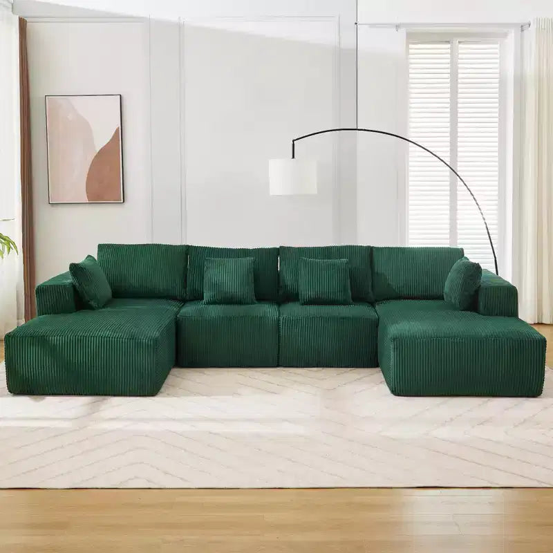 Canapé, grand canapé modulable en velours côtelé en forme de U 137 avec double méridienne, sans assemblage, assise profonde, vert pour le salon