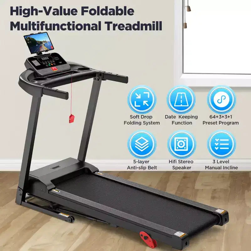 Tapis de course en solde, Dégagement de tapis de course avec inclinaison réglable, Machine de course rapide de 12 km/h, Tapis de course capacité 136 kg, Tapis de course de marche et de course à pied