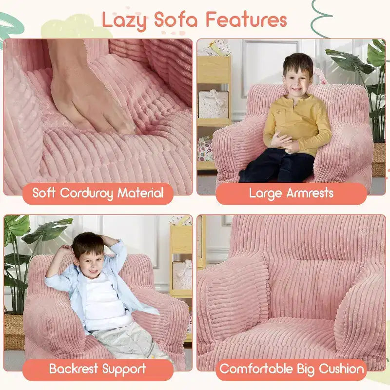 Canapé-poire en velours côtelé rose avec coussin moelleux, un siège de sol douillet pour les chambres et les salles de jeux. Conception souple et offrant un bon maintien, avec poignées pour un transport facile.