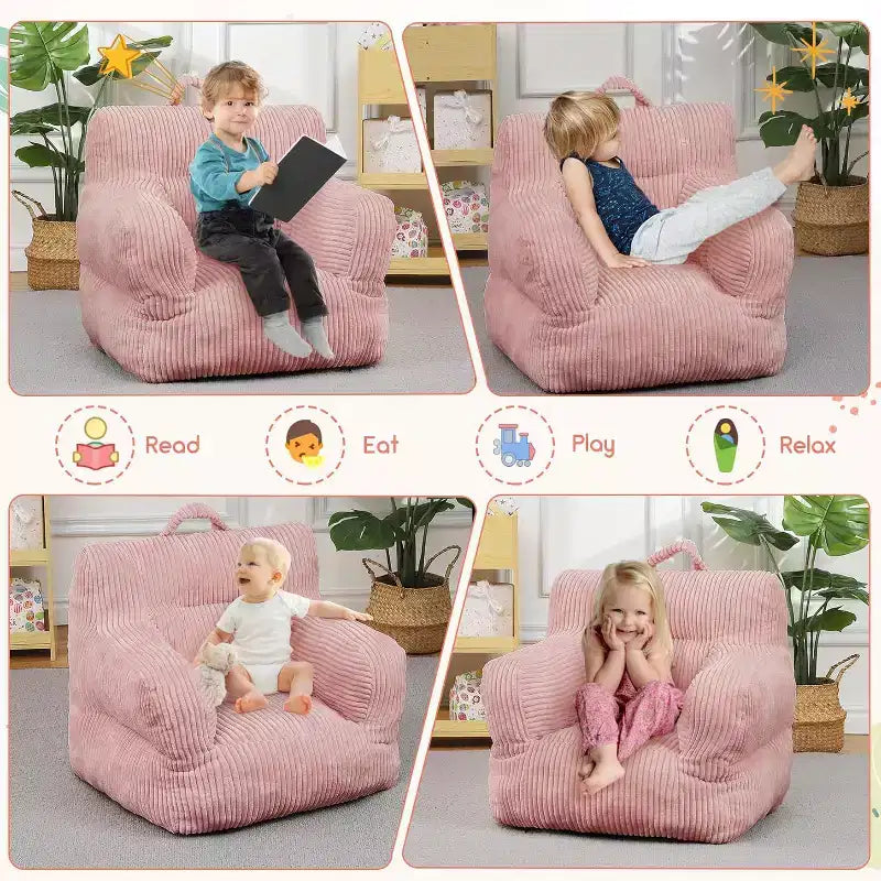 Canapé-poire en velours côtelé rose avec coussin moelleux, un siège de sol douillet pour les chambres et les salles de jeux. Conception souple et offrant un bon maintien, avec poignées pour un transport facile.
