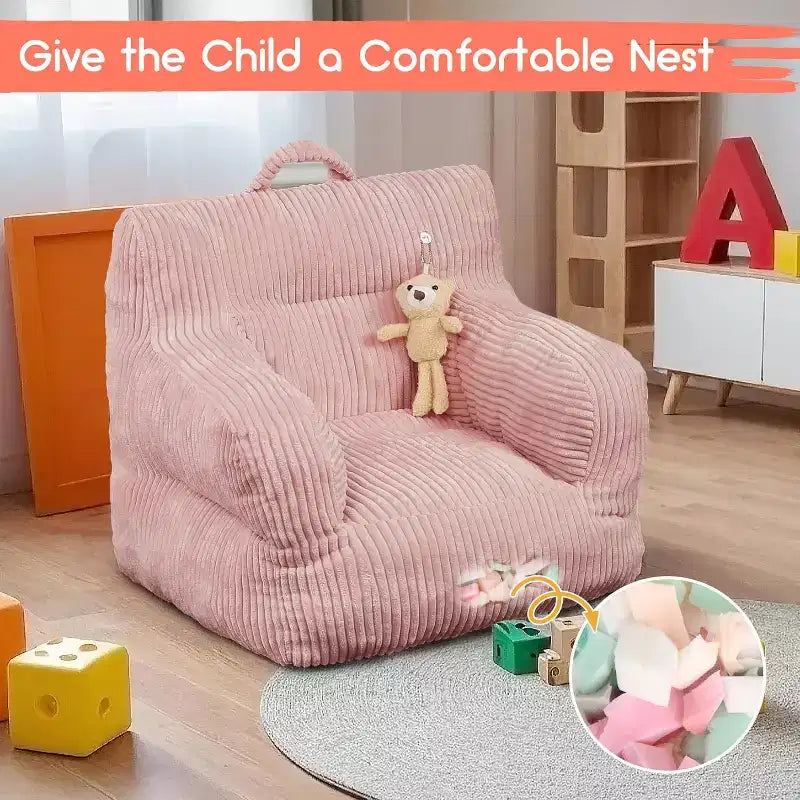 Canapé-poire en velours côtelé rose avec coussin moelleux, un siège de sol douillet pour les chambres et les salles de jeux. Conception souple et offrant un bon maintien, avec poignées pour un transport facile.