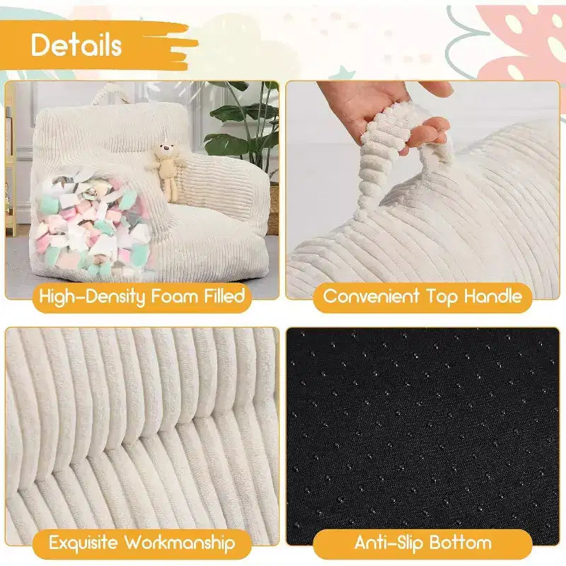 Canapé-poire en velours côtelé rose avec coussin moelleux, un siège de sol douillet pour les chambres et les salles de jeux. Conception souple et offrant un bon maintien, avec poignées pour un transport facile.