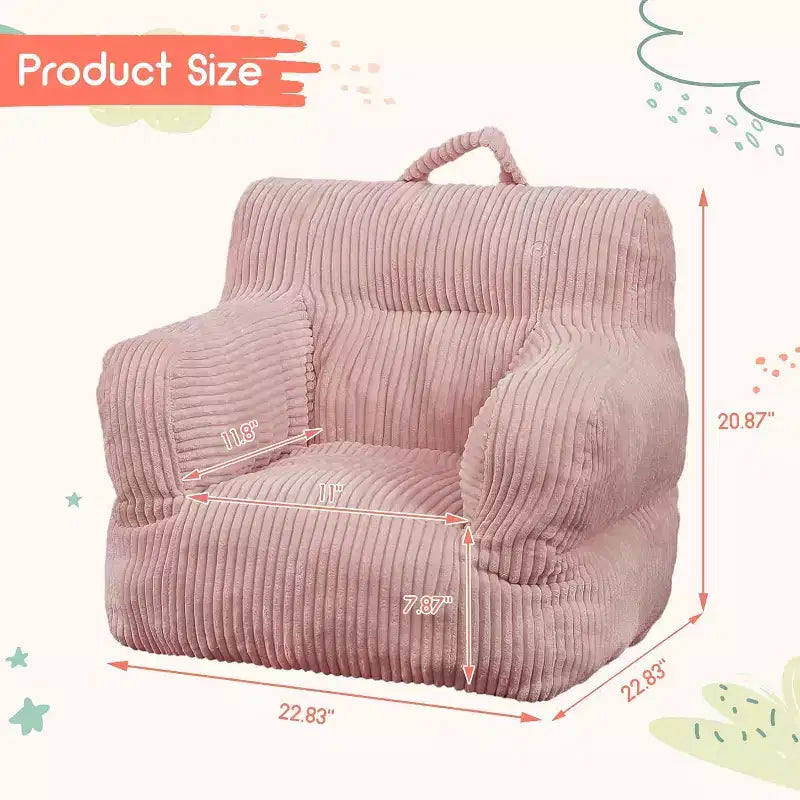 Canapé-poire en velours côtelé rose avec coussin moelleux, un siège de sol douillet pour les chambres et les salles de jeux. Conception souple et offrant un bon maintien, avec poignées pour un transport facile.