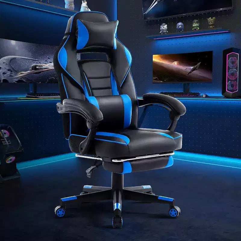 Ergonomic Gaming Chair, High-Back PU Computer Chair, Retractable Footrest, Height Adjustable, Adjustable Lumbar & Headrest, Swivel Office Chair