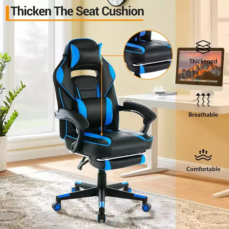 Ergonomic Gaming Chair, High-Back PU Computer Chair, Retractable Footrest, Height Adjustable, Adjustable Lumbar & Headrest, Swivel Office Chair
