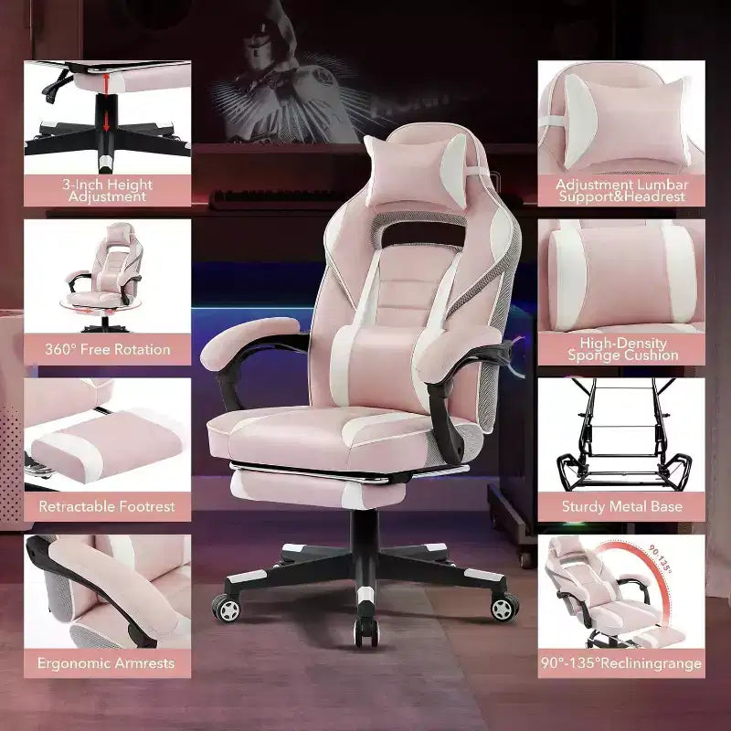 Ergonomic Gaming Chair, High-Back PU Computer Chair, Retractable Footrest, Height Adjustable, Adjustable Lumbar & Headrest, Swivel Office Chair
