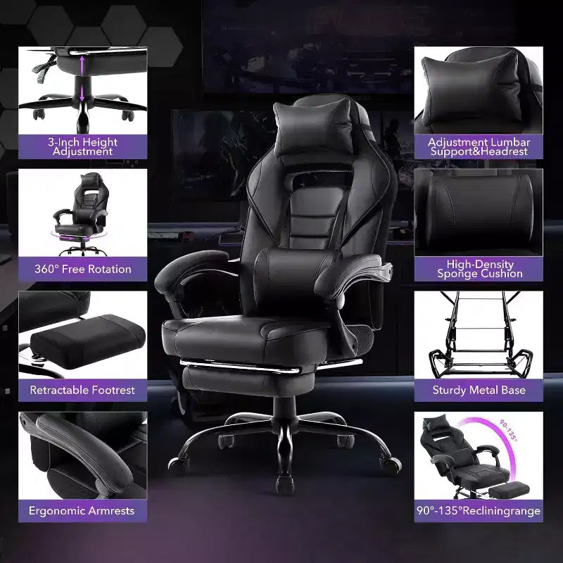 Ergonomic Gaming Chair, High-Back PU Computer Chair, Retractable Footrest, Height Adjustable, Adjustable Lumbar & Headrest, Swivel Office Chair