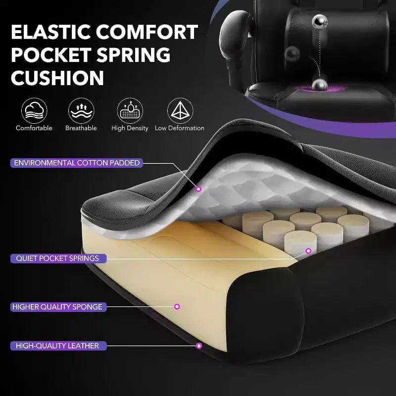 Ergonomic Gaming Chair, High-Back PU Computer Chair, Retractable Footrest, Height Adjustable, Adjustable Lumbar & Headrest, Swivel Office Chair