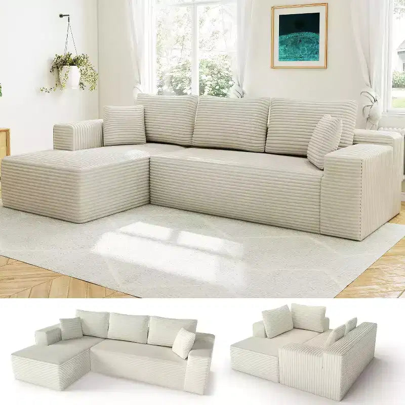 Canapé modulaire 104 en velours côtelé, livré en 2 colis, 136 kg/place, mousse à mémoire de forme, hauteur ergonomique 38,6 cm, fixation par boucle, sans outils, prêt à l'emploi dans le salon