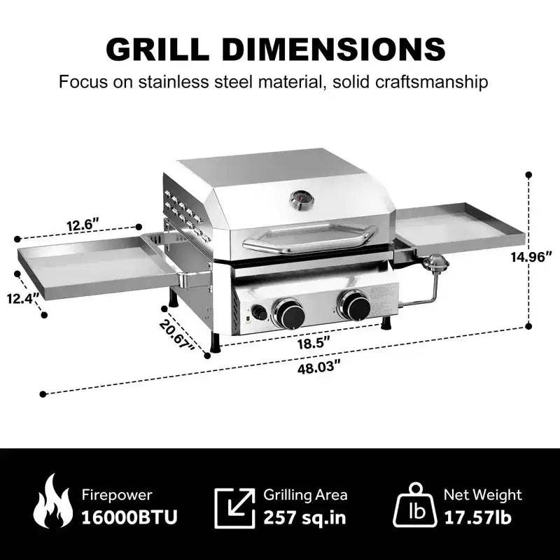 R.W.FLAME Barbecue portable 2 feux en acier inoxydable - 16 000 BTU, acier inoxydable 304, garantie 3 ans