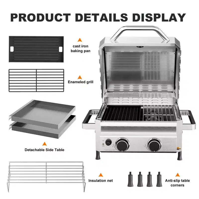 R.W.FLAME Barbecue portable 2 feux en acier inoxydable - 16 000 BTU, acier inoxydable 304, garantie 3 ans