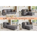 Canapé modulable 3 places convertible en U avec méridienne réversible/sièges de rangement/poufs en tissu chenille gris