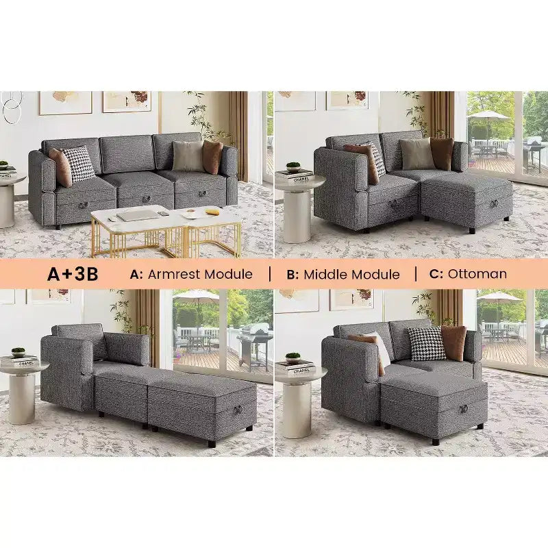 Canapé modulable 3 places convertible en U avec méridienne réversible/sièges de rangement/poufs en tissu chenille gris