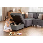 Canapé modulable 3 places convertible en U avec méridienne réversible/sièges de rangement/poufs en tissu chenille gris