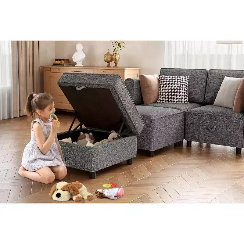 Canapé modulable 3 places convertible en U avec méridienne réversible/sièges de rangement/poufs en tissu chenille gris