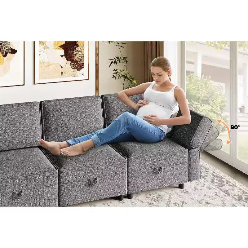 Canapé modulable 3 places convertible en U avec méridienne réversible/sièges de rangement/poufs en tissu chenille gris