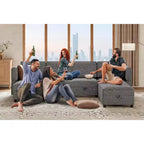 Canapé modulable 3 places convertible en U avec méridienne réversible/sièges de rangement/poufs en tissu chenille gris