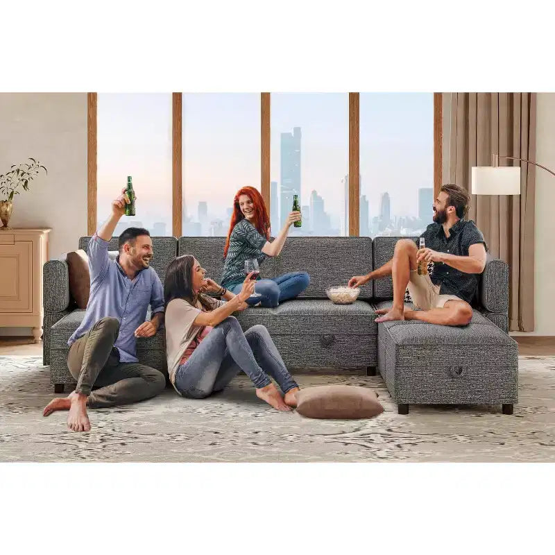 Canapé modulable 3 places convertible en U avec méridienne réversible/sièges de rangement/poufs en tissu chenille gris