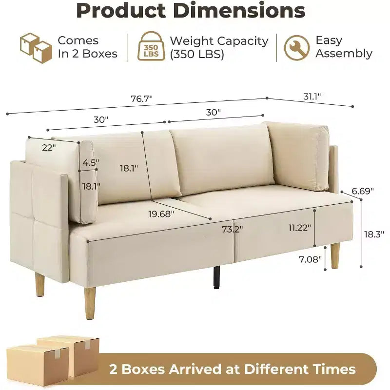 Causeuse 76 en velours beige, 2 places surdimensionnée avec assise très profonde et 2 oreillers amovibles, canapé moelleux pour salon moderne