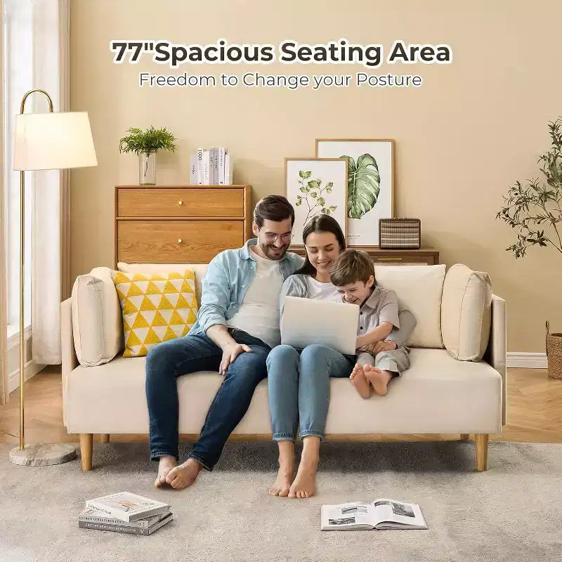 Causeuse 76 en velours beige, 2 places surdimensionnée avec assise très profonde et 2 oreillers amovibles, canapé moelleux pour salon moderne