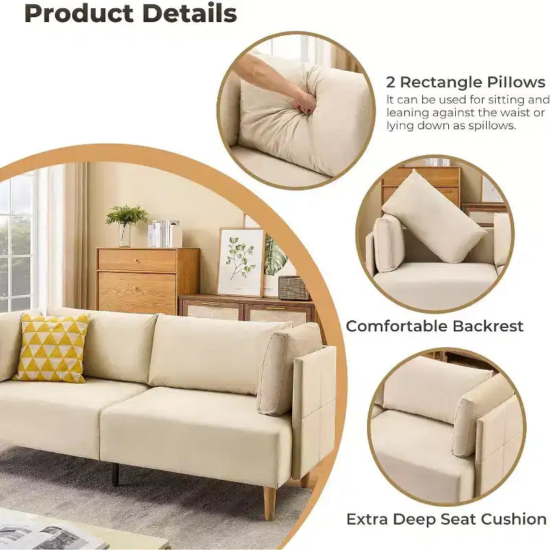 Causeuse 76 en velours beige, 2 places surdimensionnée avec assise très profonde et 2 oreillers amovibles, canapé moelleux pour salon moderne