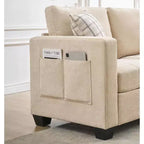 89 Canapé 3 places en chenille beige avec accoudoirs larges, appuie-tête amovible et poches latérales de rangement, pour salon et chambre
