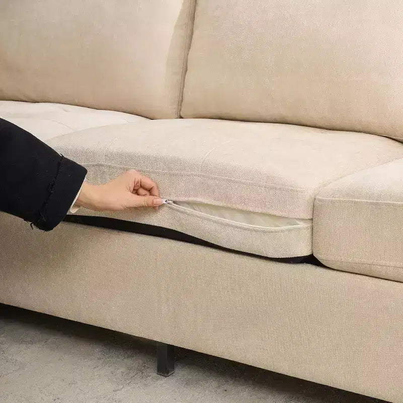 89 Canapé 3 places en chenille beige avec accoudoirs larges, appuie-tête amovible et poches latérales de rangement, pour salon et chambre