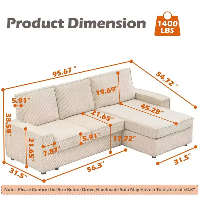 Canapé modulaire sectionnel en L, assise profonde, en velours côtelé, convertible, avec housses lavables pour salon/bureau beige