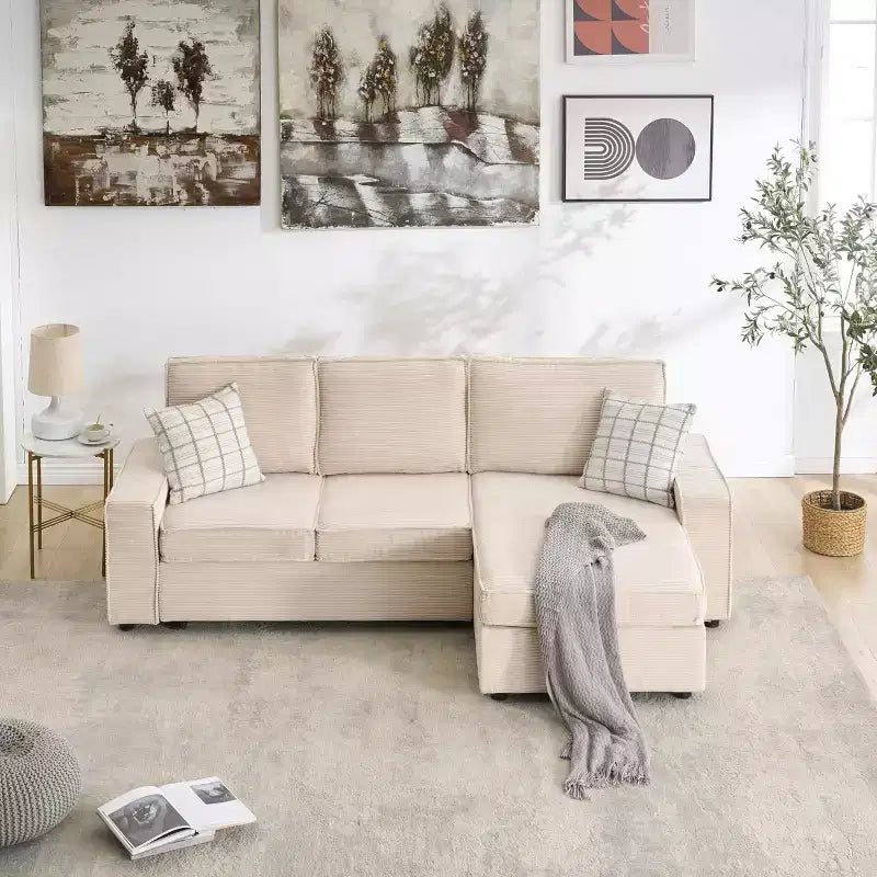 Canapé modulaire sectionnel en L, assise profonde, en velours côtelé, convertible, avec housses lavables pour salon/bureau beige