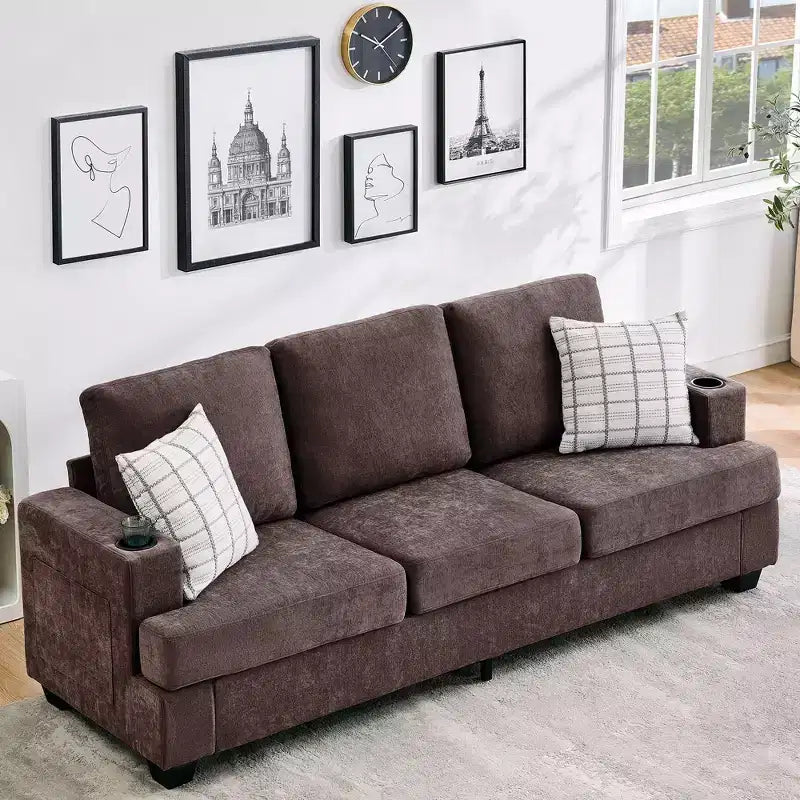 Modern 89 in 3-Seater Sofa for Living Room,Comfy Couches with Deep Seat, Chenille Couch with Cup Holders and Side Storage Pockets for Apartment Lounge