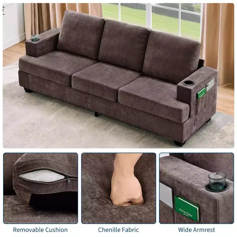 Modern 89 in 3-Seater Sofa for Living Room,Comfy Couches with Deep Seat, Chenille Couch with Cup Holders and Side Storage Pockets for Apartment Lounge