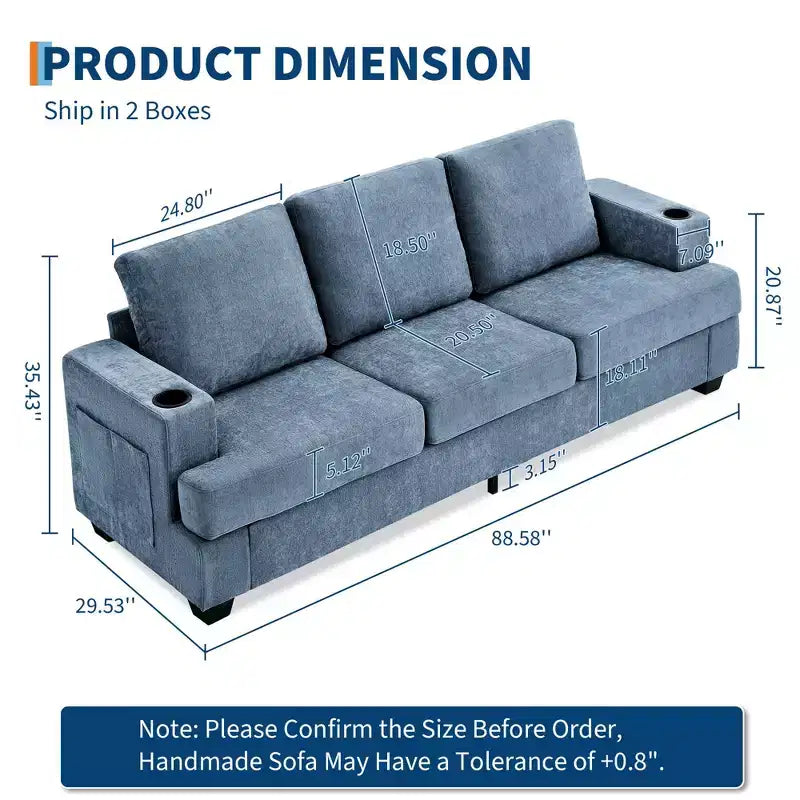 Modern 89 in 3-Seater Sofa for Living Room,Comfy Couches with Deep Seat, Chenille Couch with Cup Holders and Side Storage Pockets for Apartment Lounge