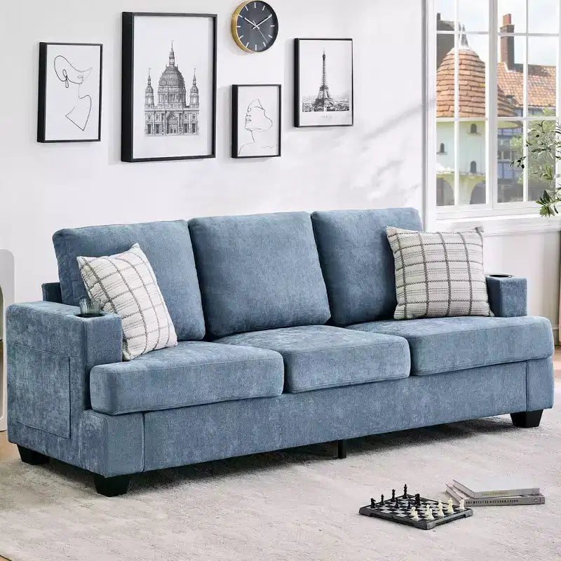 Modern 89 in 3-Seater Sofa for Living Room,Comfy Couches with Deep Seat, Chenille Couch with Cup Holders and Side Storage Pockets for Apartment Lounge