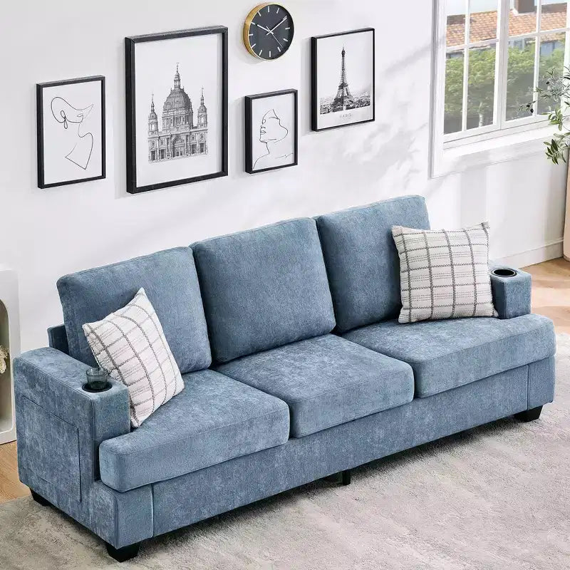 Modern 89 in 3-Seater Sofa for Living Room,Comfy Couches with Deep Seat, Chenille Couch with Cup Holders and Side Storage Pockets for Apartment Lounge
