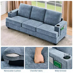 Modern 89 in 3-Seater Sofa for Living Room,Comfy Couches with Deep Seat, Chenille Couch with Cup Holders and Side Storage Pockets for Apartment Lounge