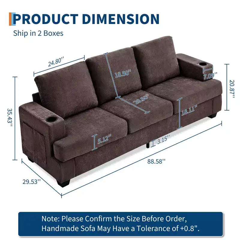 Modern 89 in 3-Seater Sofa for Living Room,Comfy Couches with Deep Seat, Chenille Couch with Cup Holders and Side Storage Pockets for Apartment Lounge