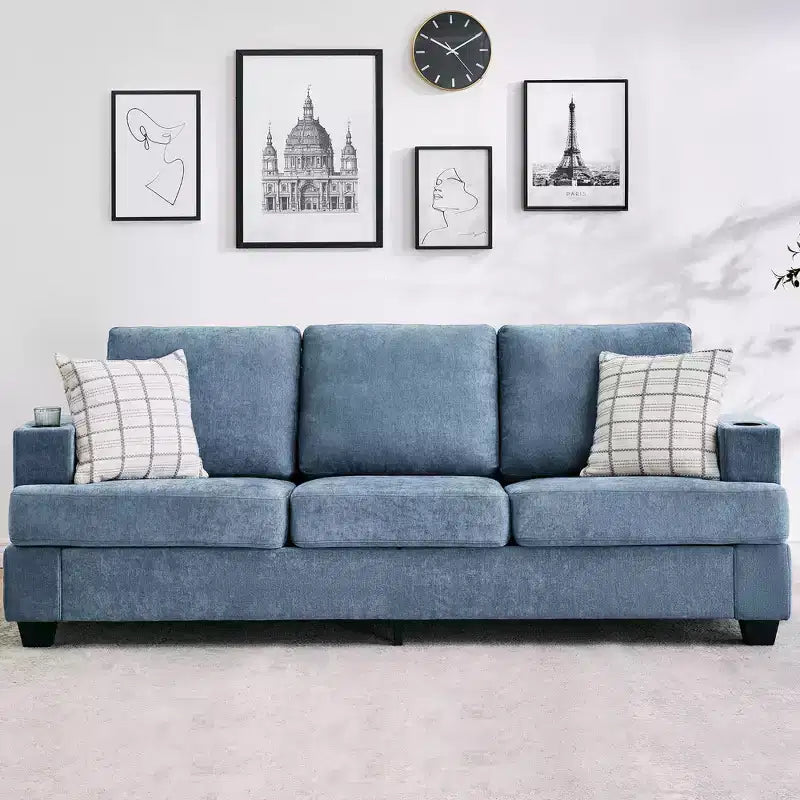Modern 89 in 3-Seater Sofa for Living Room,Comfy Couches with Deep Seat, Chenille Couch with Cup Holders and Side Storage Pockets for Apartment Lounge