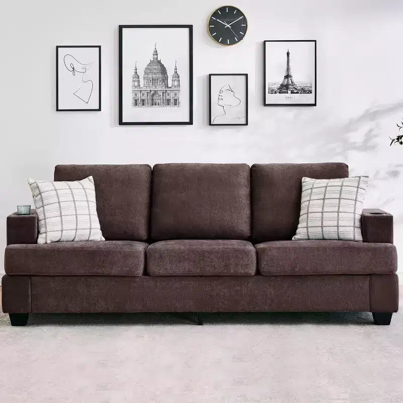 Modern 89 in 3-Seater Sofa for Living Room,Comfy Couches with Deep Seat, Chenille Couch with Cup Holders and Side Storage Pockets for Apartment Lounge