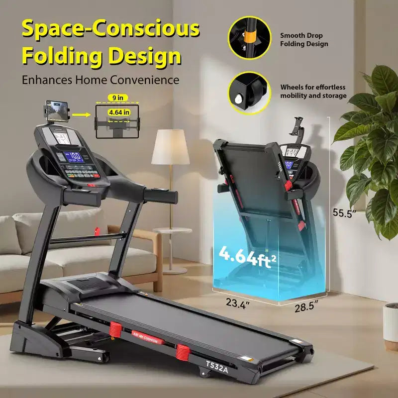 Tapis Roulant Pliable, Capacité de 180 kg, Tapis de Course 5.0HP avec Inclinaison de 20% pour la Maison, Plateau de 45 cm Large et Épaissi, 0.9-19 km/h