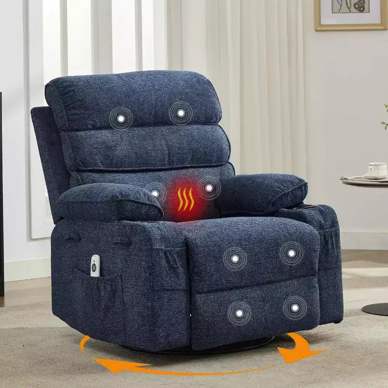 Acekool Massage Rocker Recliner Chair, 8-Point Vibration, Swivel, Linen, Cup Holders, 400 lbs, for Living Room