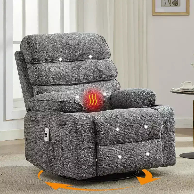 Acekool Massage Rocker Recliner Chair, 8-Point Vibration, Swivel, Linen, Cup Holders, 400 lbs, for Living Room