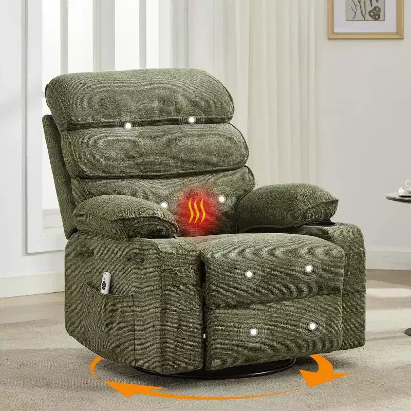 Acekool Massage Rocker Recliner Chair, 8-Point Vibration, Swivel, Linen, Cup Holders, 400 lbs, for Living Room
