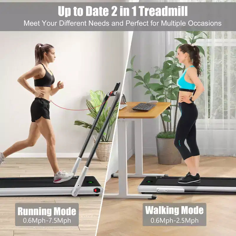 Gymax Tapis de course électrique 2 en 1 sous le bureau et moteur puissant, roues de transport flexibles, support de téléphone portable argent/noir/blanc