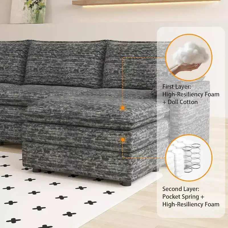 Acekool 108 Modular Sectional Sofa with Ottoman, Deep Seat Cloud Couch, Chenille, L-Shaped, for Living Room